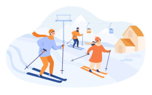 Lycklig familj som åker skidor i bergen. Människor tillbringar vintersemester på skidort med lift och stugor. Vektorillustration för aktivitet, livsstil, sportkoncept.